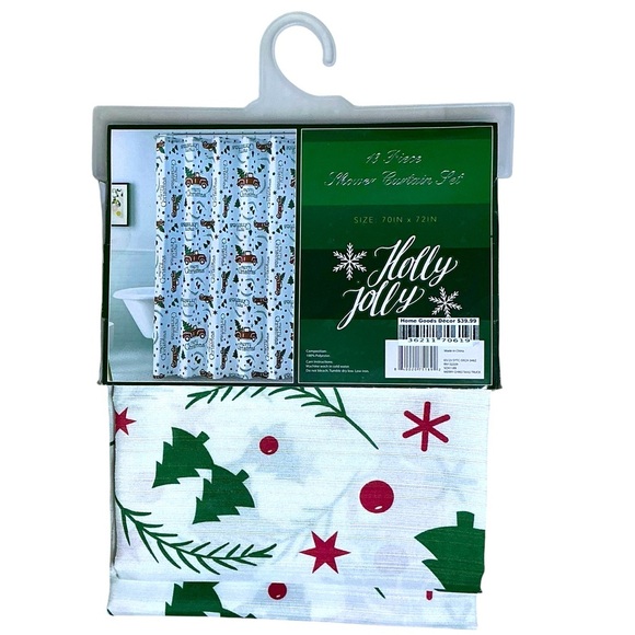 Holiday Shower Fabric Curtain Set Christmas Trucks 13 PC Set 70 x 72 White Red - Picture 3 of 16